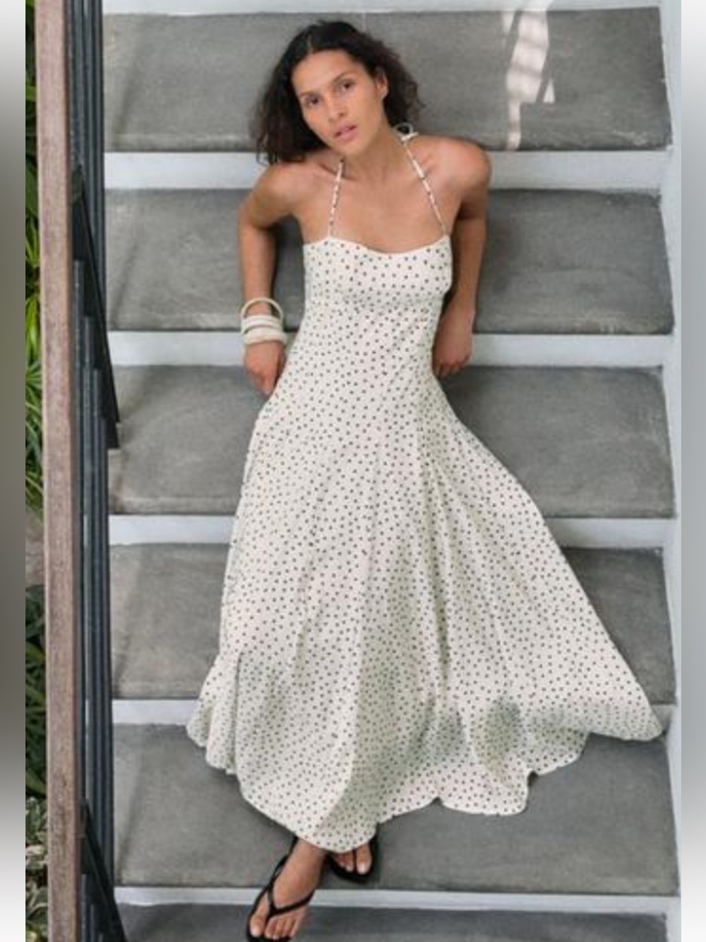 Zara Cream Maxi Dress with Black Polka Dots